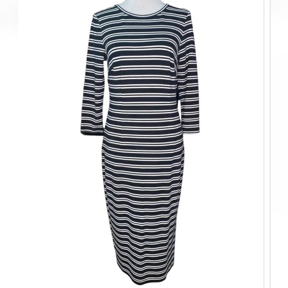 Ann Taylor Black White Striped Midi Length Dress Size S Career Office 3/4 Sleeve - Picture 1 of 13